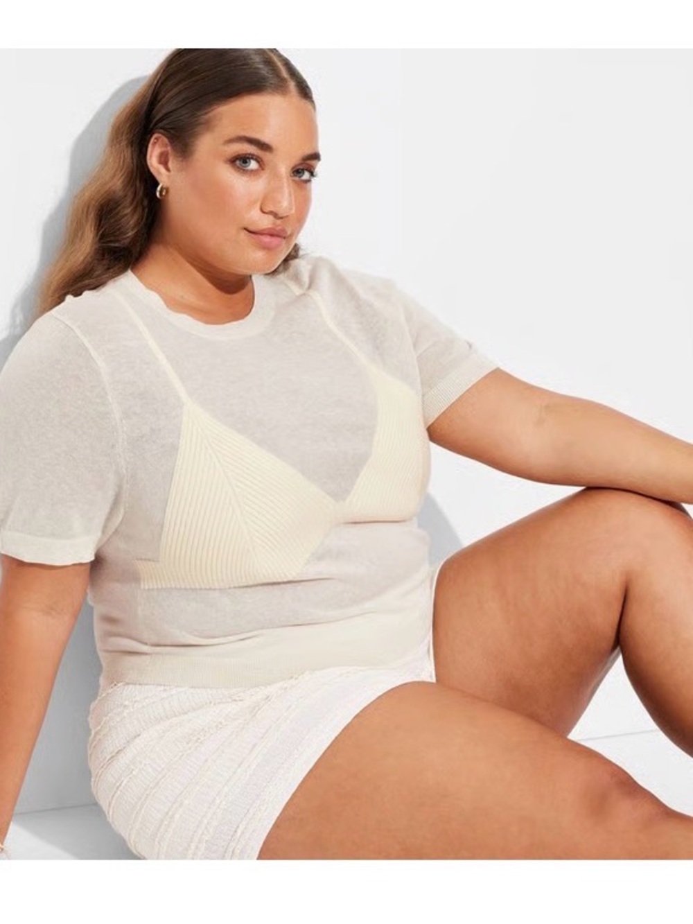 wild fable Sheer Short-Sleeve Knit Top with Built-In Bralette - Cream